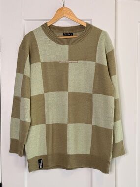 Notice The Reckless Olive & Sage Checkerboard Crewneck Sweater